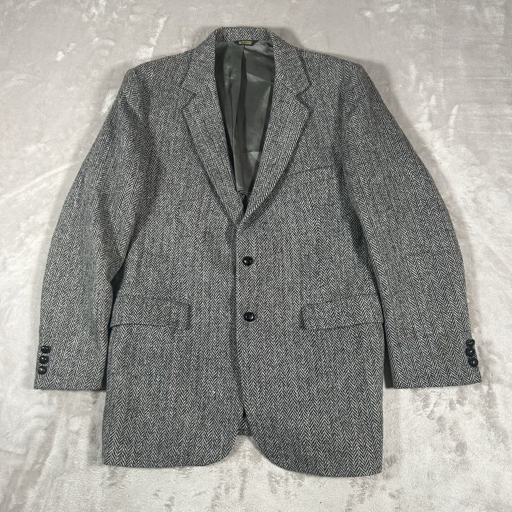 VTG Harris Tweed Blazer Mens 44L Gray Herringbone Pure Scottish Wool Handwoven